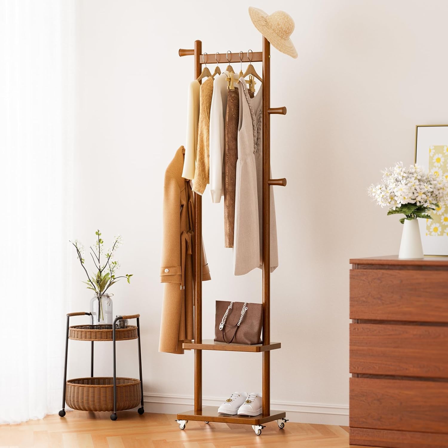 TAITIY Rolling Wood Clothes Rack with Wheels, 2 Shelves, 5 Hooks, Size S, Walnut Brown